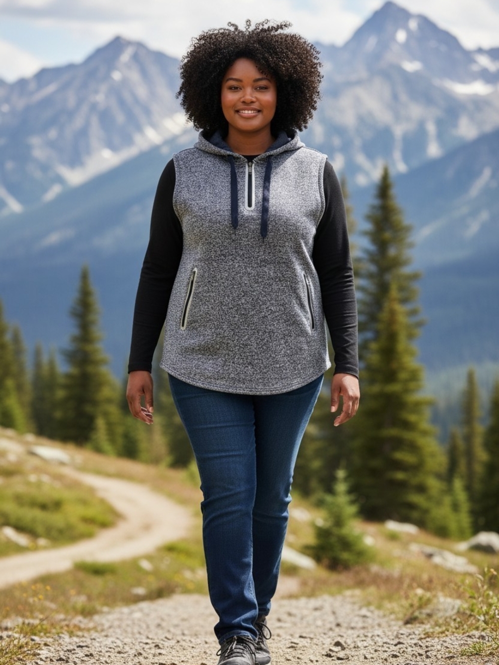 LA Gear Womens L Heather Grey/Blue Hooded Pullover 1/4 Zip Vest Outdoor Hiking
